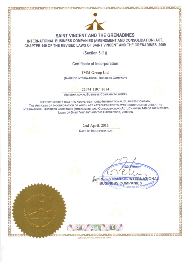 IMMFX Certificate of Incorporation
